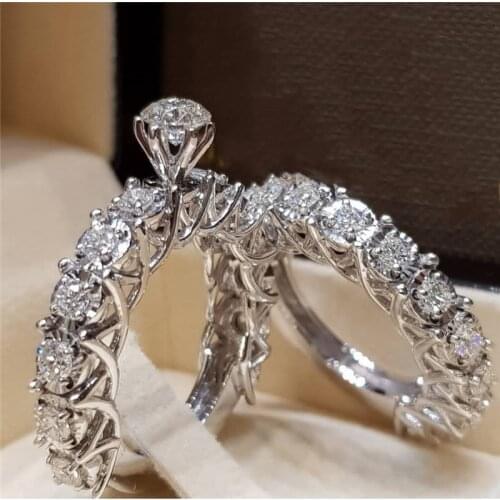 2Pcs/set Luxury Crystal Zircon Wedding Rings Women Glamour Silver Color Shiny Engagement Rings Set Jewelry Gifts