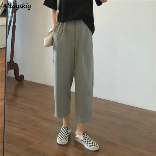 Pants Women Summer College Students High Waist Elastic Breathable Casual Straight Ankle-length Teens Soft Korean Style 2021