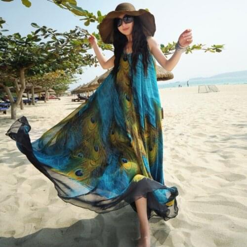 Boho Long Beach Chiffon Peacock Tail Pattern Sun-proof Dress XXL Loose Vestidos Women Summer Maxi Party Dress