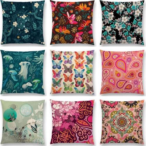 Hot Sale Gorgeous Flowers Circle Floral Curves Abstract Pattern Blossom Paisleys Butterfly Colorful Cushion Sofa Throw Pillow