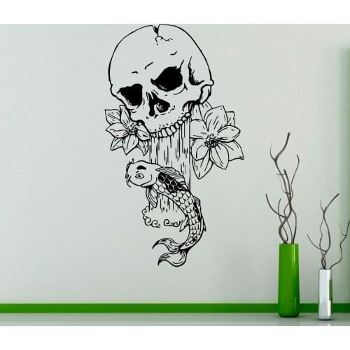 Art Design Skull Come Out Flower With Fish Vinyl Wall Sticker Special Creative Home Livingroom Decorative Wall Mural Decals M-25