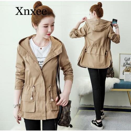 Hooded Jacket Short Coat Woman Spring Autumn Korean Version Of Waist Display big pocket Thin College Hooded Windbreake belt