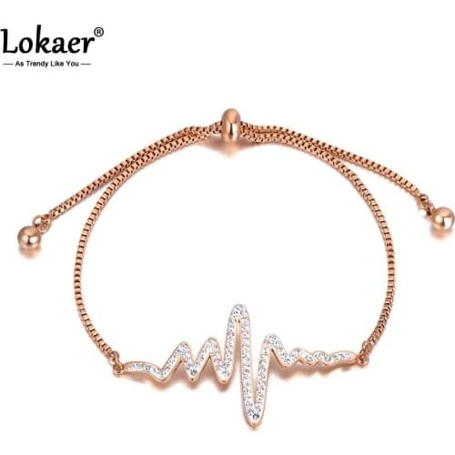 Lokaer Fashion Titanium Stainless Steel ECG Charm Bracelets For Women Bohemia CZ Crystal Party Chain Adjustable Bracelet B20168