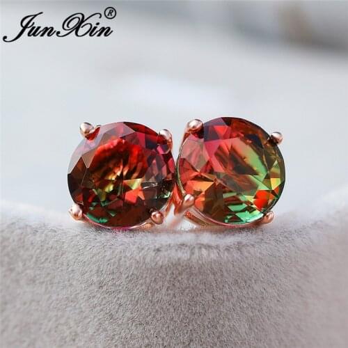 Mystic Red Green Stone Round Stud Earrings For Women Rose Gold Rainbow Fire Crystal Wedding Earrings Minimalist Party Jewelry
