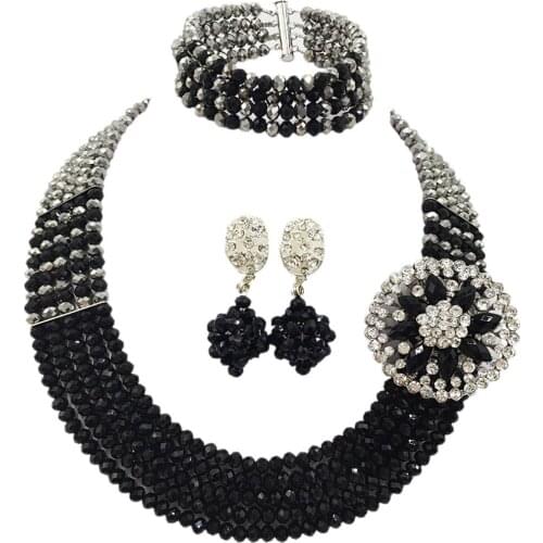Fashion Silver Black Crystal Beaded Necklace Nigerian Wedding African Beads Jewelry Set for Women 5L-SXJB17