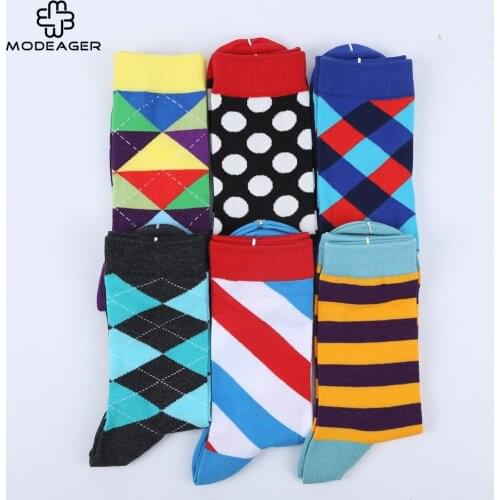 Modeager Fashion Stripes Diamond Checkered Pattern Happy Socks for Men Colorful Long Soft Comfortable Business Socks Cotton
