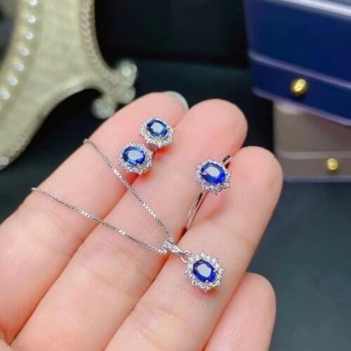 Fashion Ocean Blue Sapphire Jewelry Set Including Ring Stud Earrings and Necklace Natural Gem Real 925 Silver Luck Birthstone