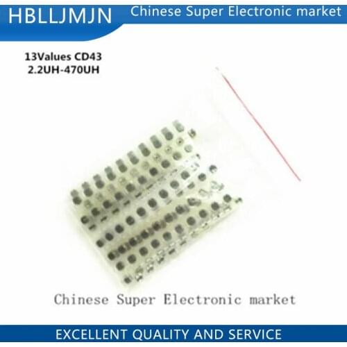 130PCS 13Values CD43 SMD Power Inductor Assortment Kit 2.2UH-470UH Chip Inductors High Quality CD43 Wire Wound Chip