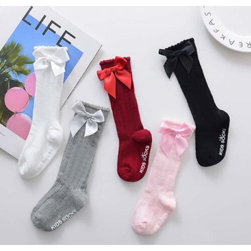 Child pure Color Stripes socks Bubble Mouth Tube Socks knee high Baby toddler Bow Cotton Slip Socks princess