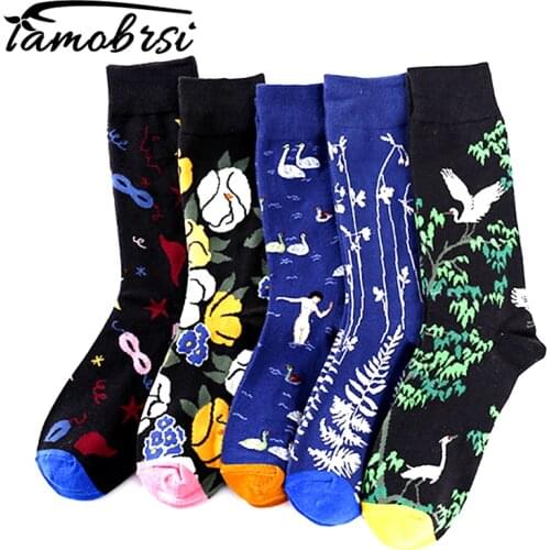 Happy Street Socks Abstract Art Creative Personality Crane Flowers Men Women Unisex Socks in the tube Cotton Funny Short Socks