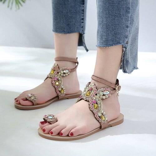 2021 New Summer Rome Sandals National Wind Bohemian Vacation Seaside Beach Shoes Clip Feet Rhinestone Flat Sandals Female