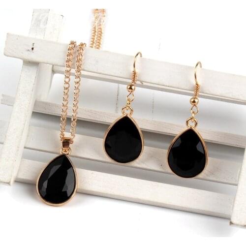 1 set Rose Gold Water drop Pendant Necklace & earrings Fashion Jewelry black