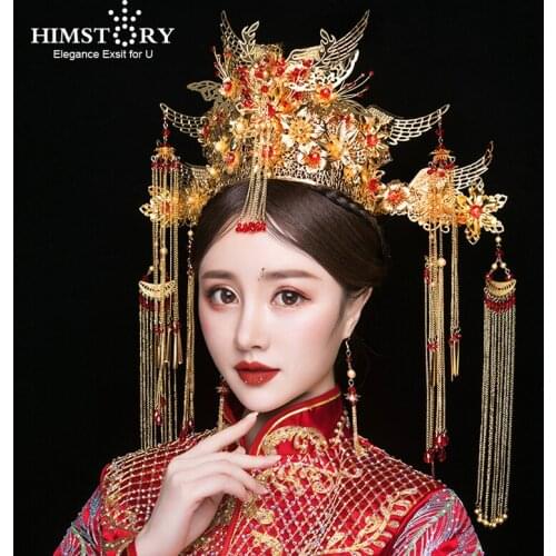 HIMSTORY Chinese Luxury Gold Bridal Crowns Red Ancient Long Tassels Big style Costume Wedding Stage Jewelry Hair Accessories