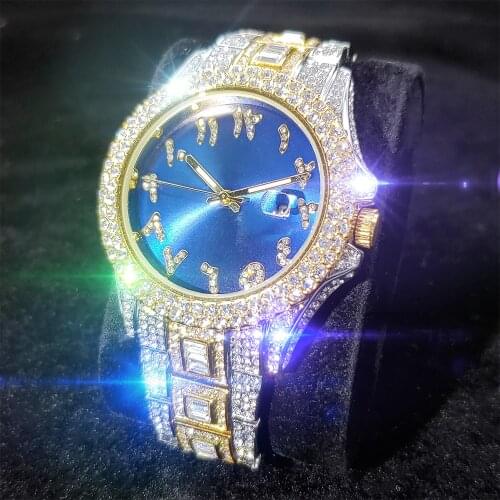 MISSFOX Blue Dial Luxury Man Watch Iced Out Arabic Digital Round Watches Men Fashion Gold And Silver Mens Watches Blingbling