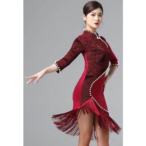 Latin dance skirt practice clothes female adult performance competition high-end cheongsam collar pearl tassel sexy slim dress
