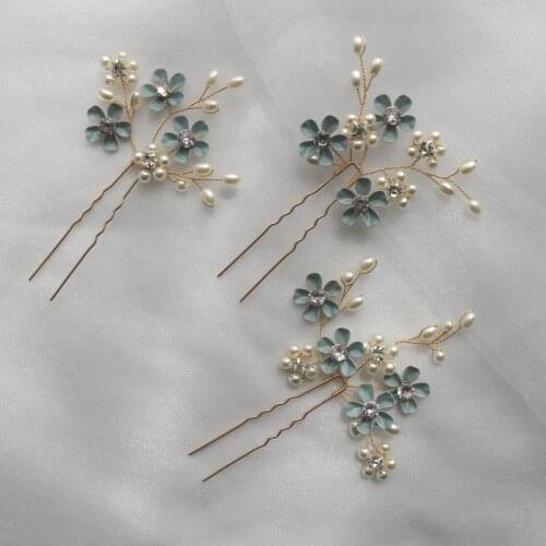 Hand Painted Blue Blossom Hair Pins Bridal Clips Pearls Wedding Jewelry Handmade Women Headpiece