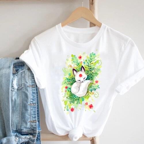 Women Clothing Watercolor Plant New Trend Kawaii Cartoon Animal Cute 90s Clothes Print Tee Top Tshirt Female Graphic T-shirt