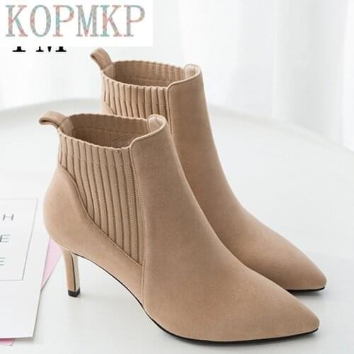 Women Boots Ankle Short Boots Flock Pointed Toe 7CM Thin Heels Winter Booties Woman Wool Elastic Slip On Women Martin Boots