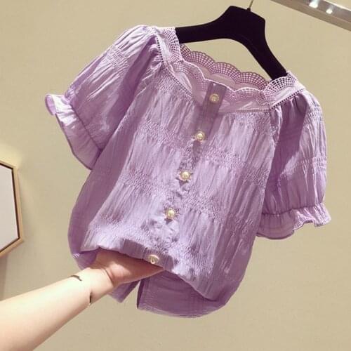 Chiffon Tops Women Short Sleeve 2021 Summer Fashion Wild Chiffon Blouse Women Solid Lace Shirts Tops Button Casual Shirts Blouse