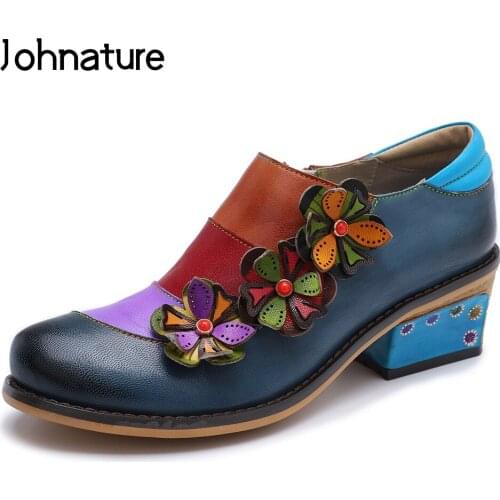 Johnature 2020 New Spring Retro Mixed Colors Genuine Leather Round Toe Appliques Handmade Casual Lady Shoes Pumps Med Heels