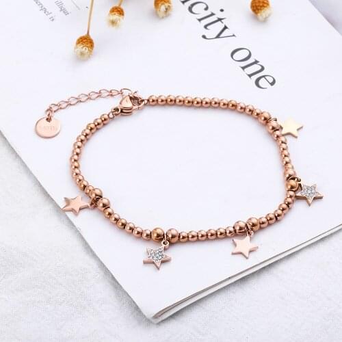 New Design Rose Gold Star Charms Bracelet Stainless Steel Beads Chain Bracelet For Women Jewelry Pulseira Girls Party Gift 2020