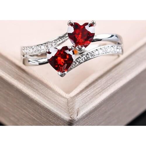 Charming Double Red Hearts Crystal Ring For Women Fashion With White Zirconia Silver Color Ring Brides Jewelry Ring Accessories