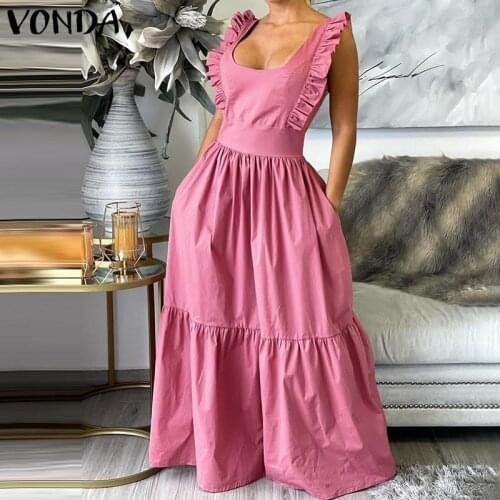 Women Tank Dress 2021 VONDA Summer Ruffled Dress Beach Sundress Holiday Sexy Party Square Collar Party Vestidos Robe