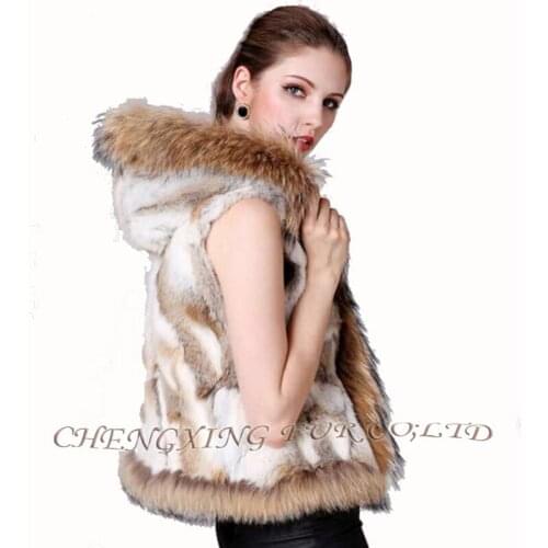 CX-G-B-87 100% Real Rabbit Fur Vest Knitted Natural Rabbit Fur Vest Gilet With Hood