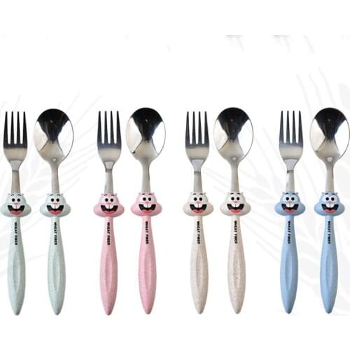 2Pcs/set Baby Feeding Spoon Fork Cutlery Set Kids Children Cartoon Stainless Steel Tableware Random color