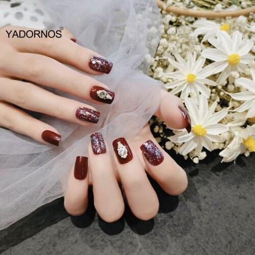 24pcs Red Wine Nail Patch Glue Type Removable Short Paragraph Fashion Manicure Save Time False Nail Patch TY