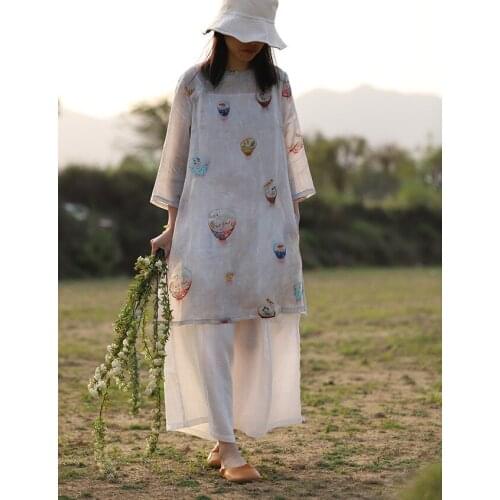 Cute Digital Flower Basket Print Sides Opening Long Pure Ramie Blouse, Summer Thin Cool Three Quarter Sleeve Top Pullover Shirts