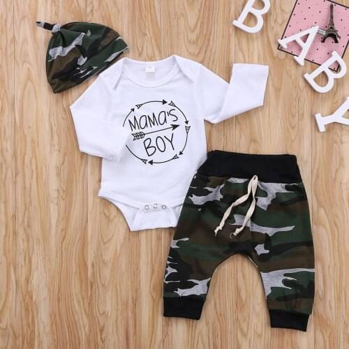 Emmababy 3PCS Fashion Boy Suit 0-18M Toddler Baby Mamas Boy Outfit Romper T-shirt+Camouflage Pants Clothes Set