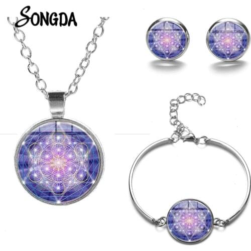 Hot Metatron Cube Jewelry Sets Sacred Geometry Mysterious Flower of Life Glass Dome Charm Necklace Earrings Bracelet Set