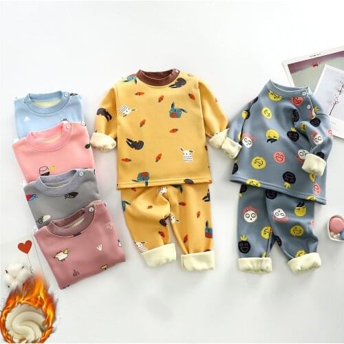 Boys Girls Cotton Pajama Sets Cartoon Thickened Autumn Winter Pajama For Kids Long Sleeve O-Neck Cute T-Shirt Tops With Pants