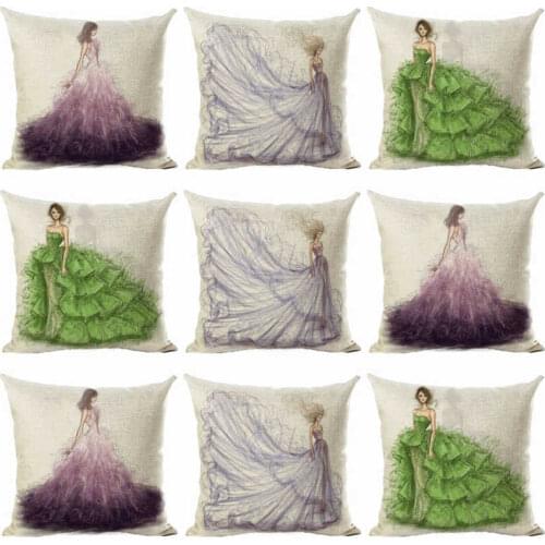 Art Dress Girl Pillowcases Cotton Linen 18×18 inch Cushion Cover Home Sofa Decor