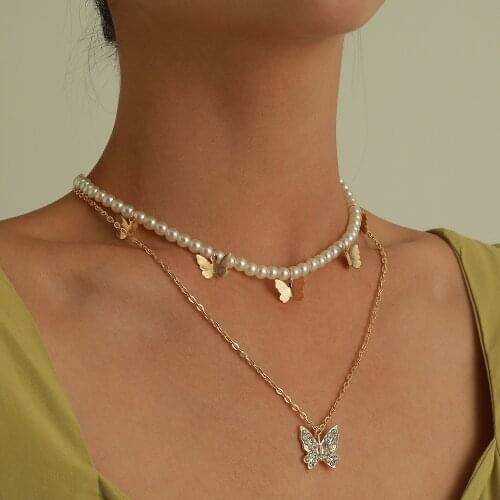 Creative Exquisite Double Layer Crystal Butterfly Necklace Pendant For Women Fashion Personality Choker Pearl Necklace Jewelry