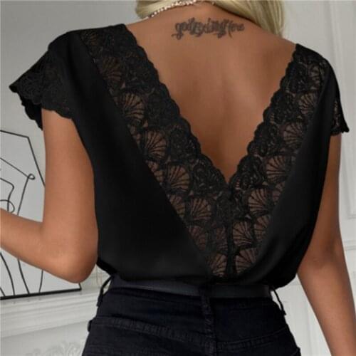 Summer Lace Patchwork Sexy Backless Ladies Shirt Solid Color V Neck Women Short Sleeve Sexy Shirt Button