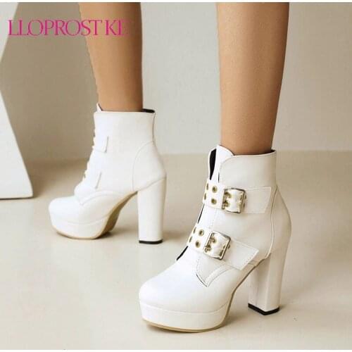 Lloprost ke 2021 PU Leather Women Ankle Boots Platform Square High Heel Ladies Short Boots Round Toe Buckle Womens Shoes Black