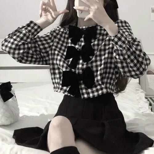 Sweet Girl Korean Vintage Harajuku JK Uniform Black White Plaid Bow Shirt + Skirt Two-Piece Gothic Lolita Elegant Woman Suit