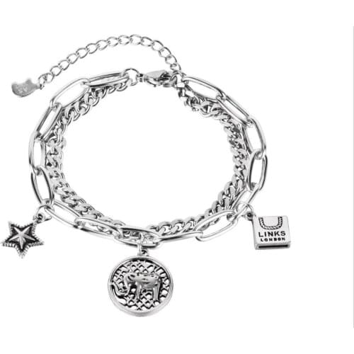 Fashion double-layer titanium steel chain bracelet personality Star Medal Charms Bracelet for Men Women 160mm+60mm