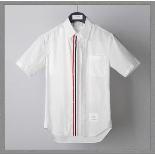 2021 Fashion TB THOM Brand Shirts Men Summer Slim White Short Sleeve Casual Shirt White Cotton Striped Solid Mens Clothing