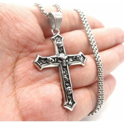 Mens Stainless Steel Gothic Biker Skull Cross Pendant Necklace