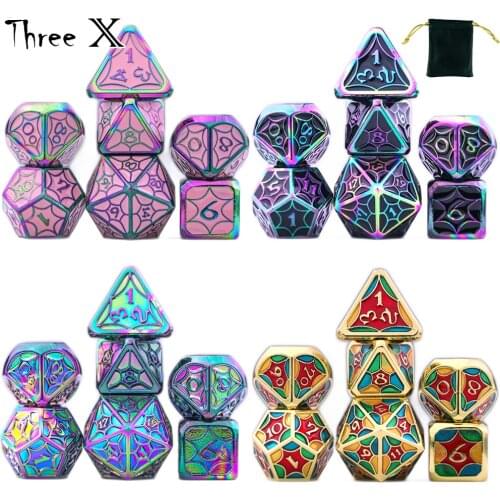 Metal Polyhedral Dice Set with a Black Pouch, Sets of D4 D6 D8 D10 D% D12 D20 Compatible DND RPG Table Games