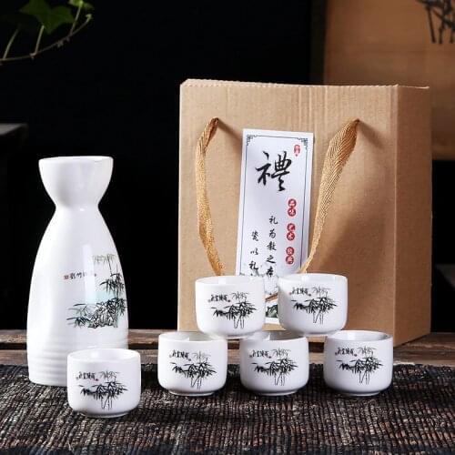 Japanese Sake Set, 6 Pieces Sake Set Hand Painted Design Porcelain Pottery Traditional Ceramic Cups Crafts Wine Glasses Gift Box