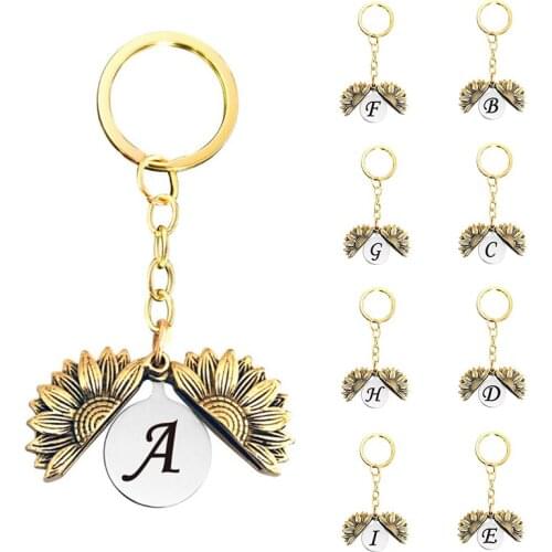 New Fashion Metal Sunflower Key Chain Can Be Opened Double-Layer Letter Keyring Couples Decorative Pendant Valentines Day Gift