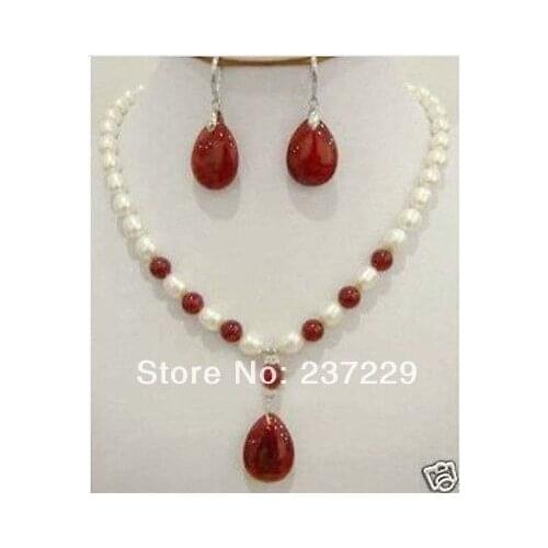 Wholesale price Fast shipping + aSet of White Pearl Red stone Necklace Earring (A0516)