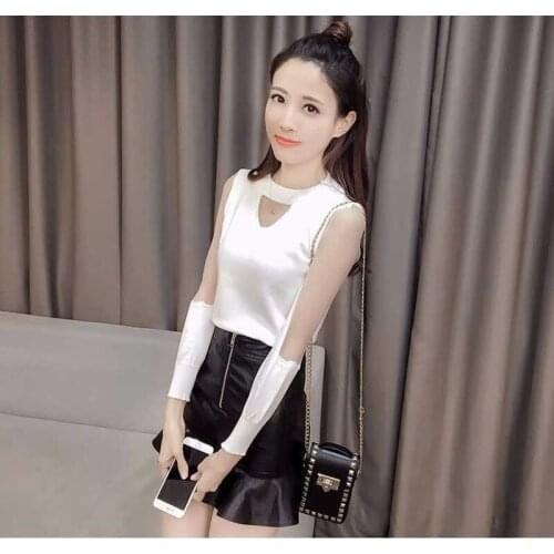 Autumn and winter new bottoms womens long sleeve T-shirt Korean mesh off shoulder hollow out sexy sweater