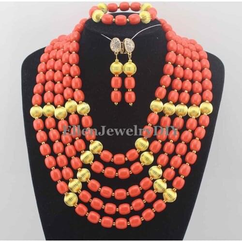 Handmade necklace Coral beaded Jewelry Sets Nigerian Wedding Coral Beads Necklace Jewelry Sets african beads jewelry sets W11392