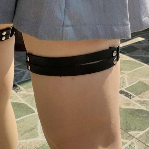 Sexy Women Elastic Double line Leather Leg Ring Garter Belt Punk Thigh Ring Punk Goth Harajuku Leather Harness 100% Handmade 601