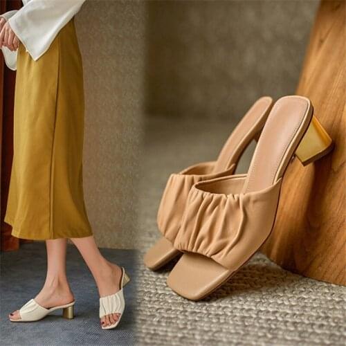 PXELENA 2021 Brand NEW Pleated Genuine Leather Modern Slippers Women Shoes Strange Heels Party Outside Slides OL Plus Size 34-42